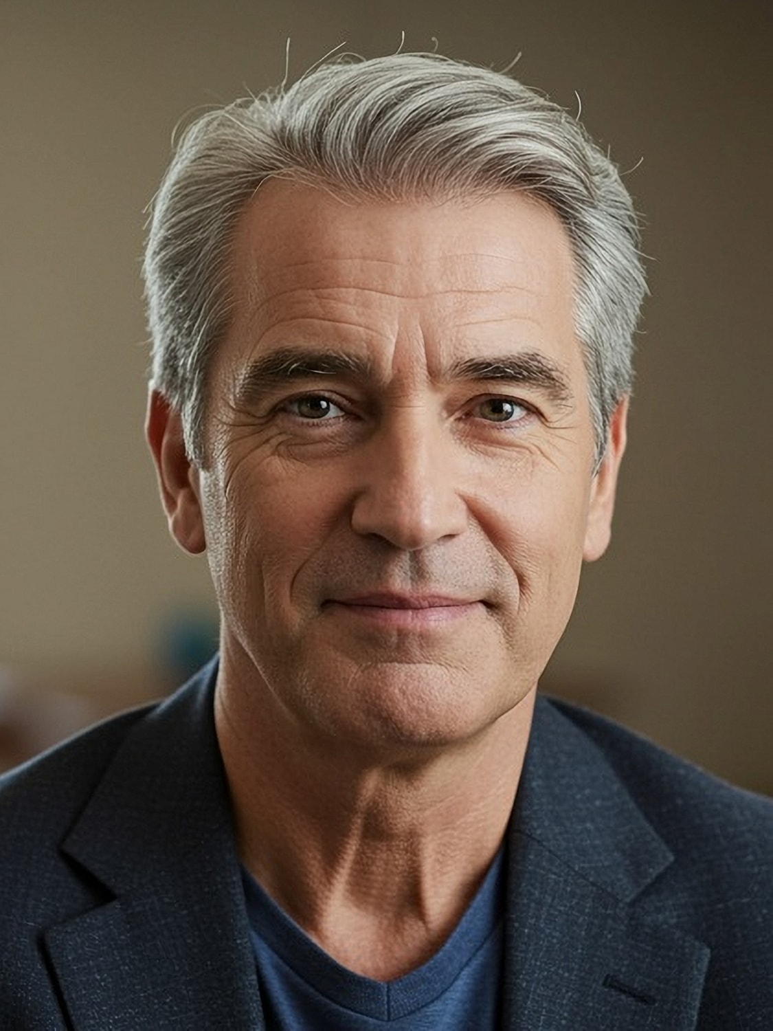 Smiling man with silver hair and blazer.