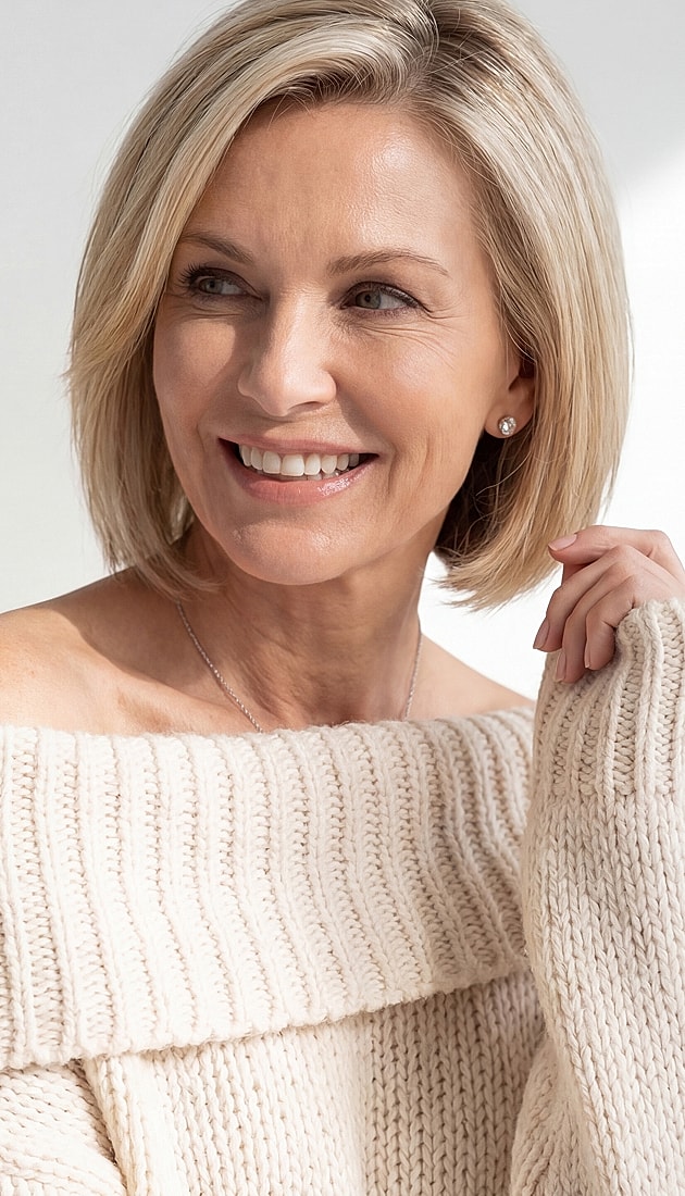 Smiling woman in soft sweater, relaxed expression.