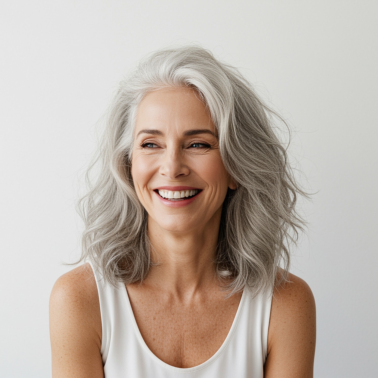 Smiling woman with gray hair against white background.