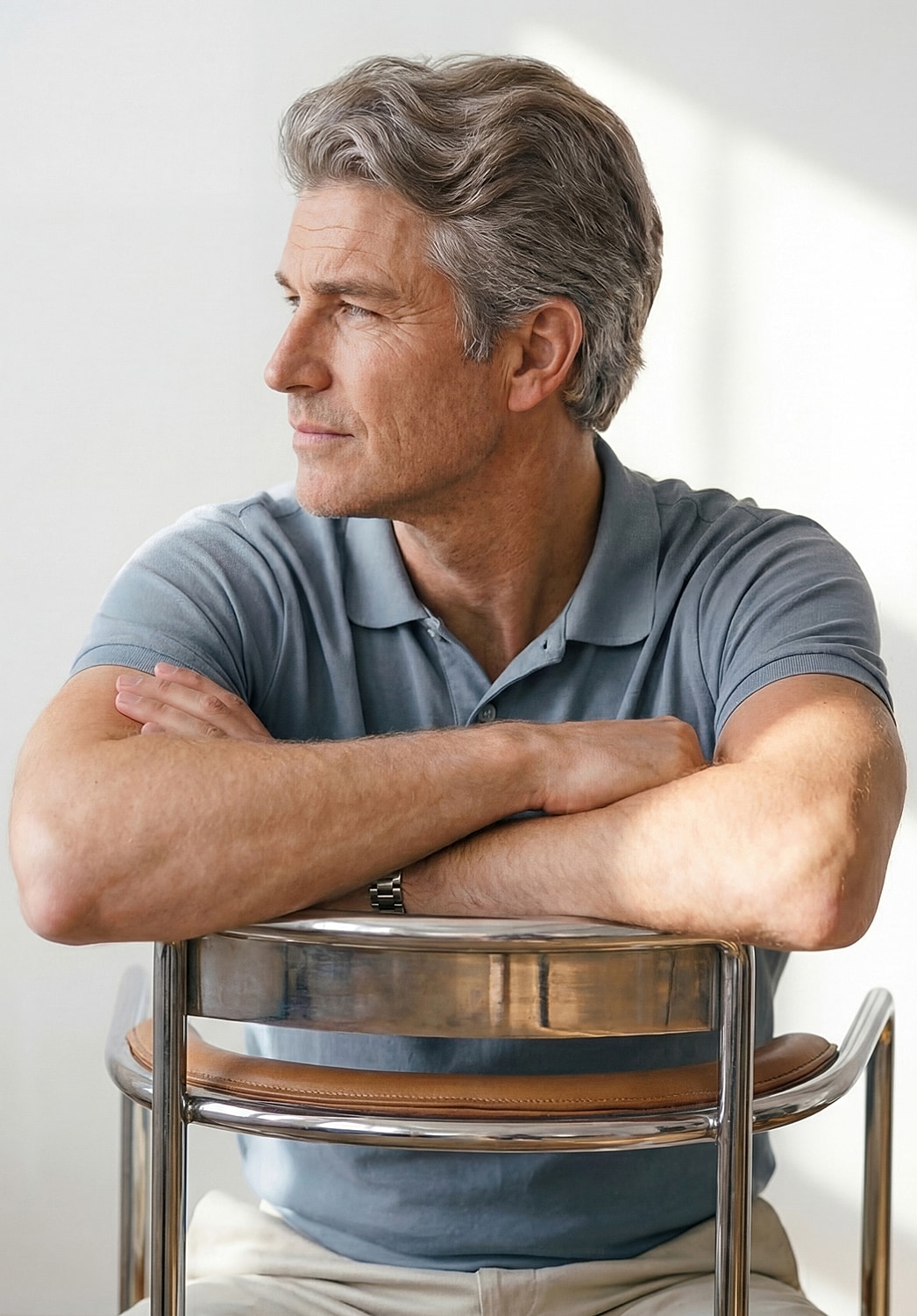 Man sitting on a chair, looking thoughtfully.