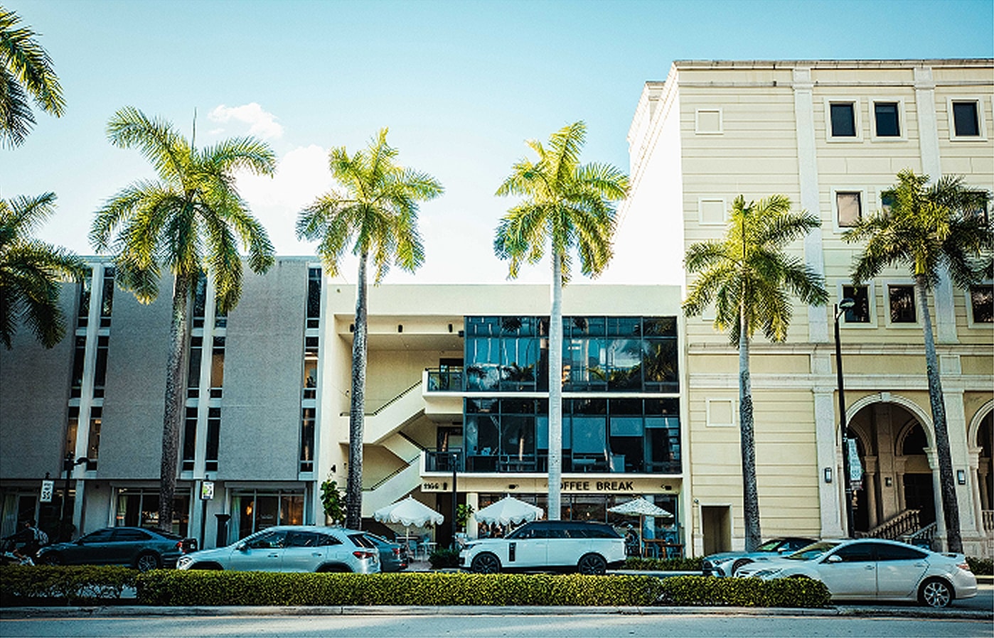 Palm trees by a modern building with café.
